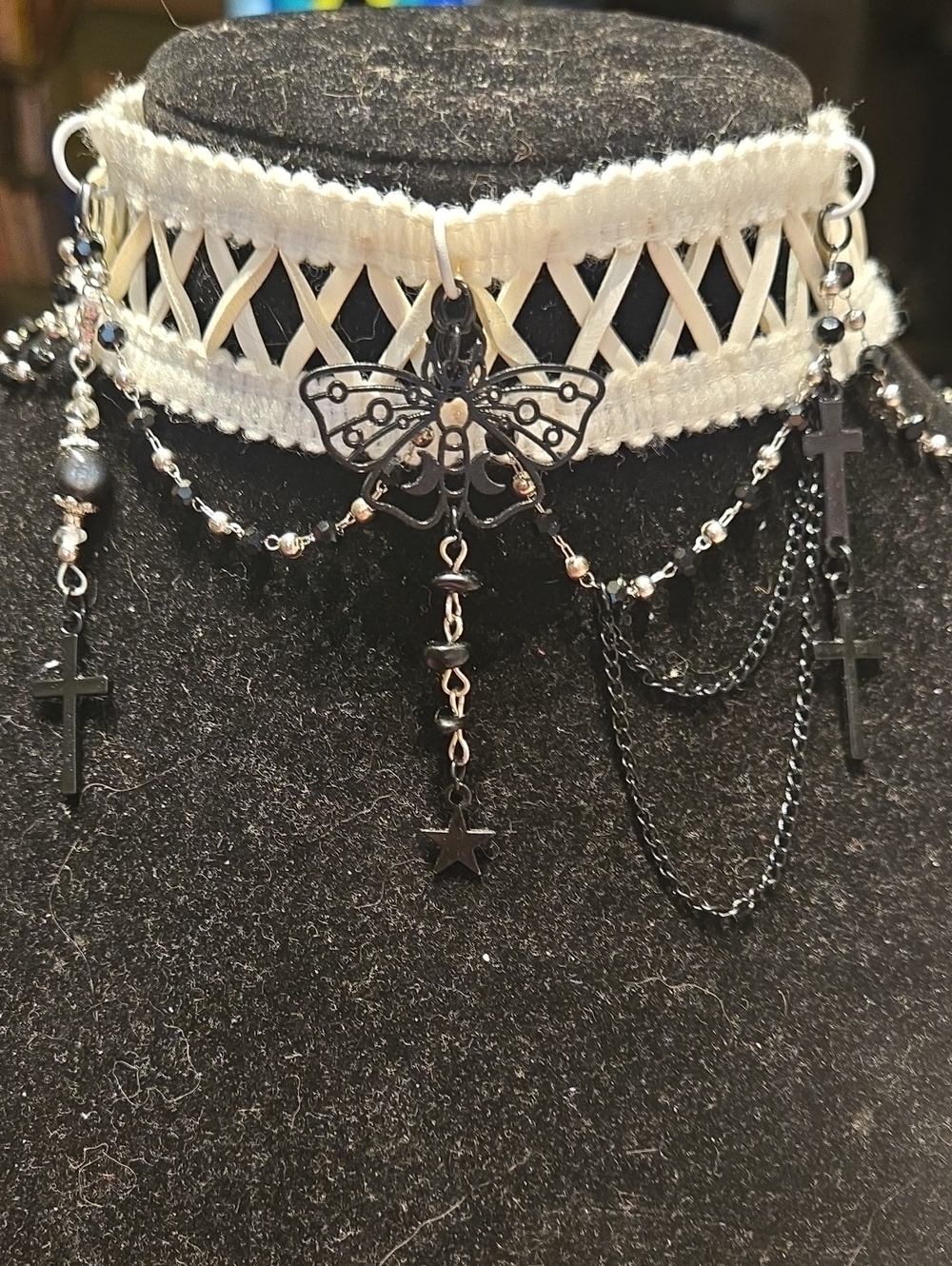 White Lace Choker Necklace with Black Butterfly and Cross Charms